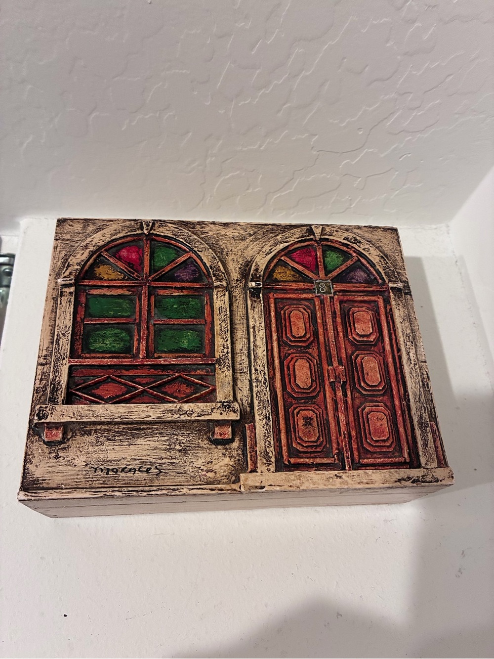 Vtg Morales Signed 3D Wood Trinket Box Carved Door Facade